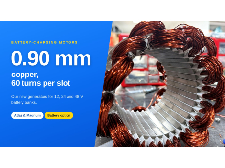 Ein TESUP Stator, gewickelt mit dickem 0,90 mm Kupferdraht, neben dem Titel 0,90 mm Kupfer, 60 Windungen pro Nut
