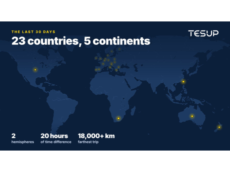 Night-blue world map with glowing points in the 23 countries TESUP turbines went to in the last 30 days