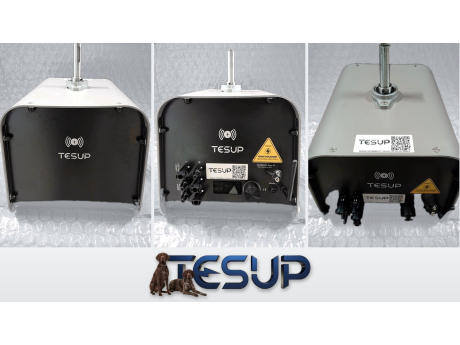 Three views of the TESUP Atlas generator, back, front and from above, above the TESUP logo with two dogs
