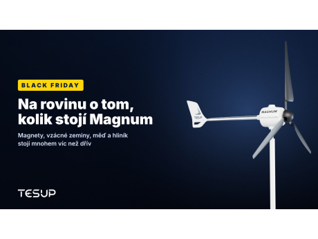 Bílá větrná turbína TESUP Magnum na tmavém pozadí s titulkem: Black Friday – na rovinu o tom, kolik stojí Magnum
