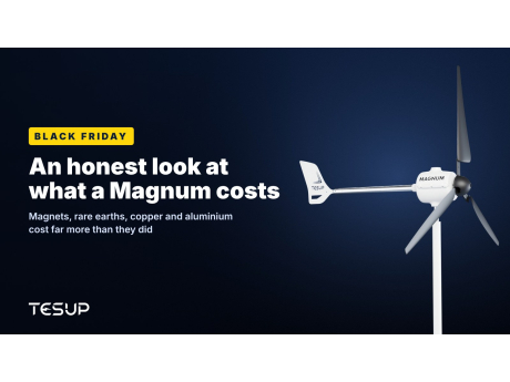 White TESUP Magnum wind turbine against a dark background, with the headline: Black Friday, an honest look at what a Magnum costs