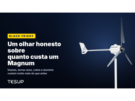 Aerogerador TESUP Magnum branco sobre fundo escuro, com o título: Black Friday, um olhar honesto sobre quanto custa um Magnum