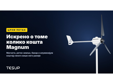 Бела ветротурбина TESUP Magnum на тамној позадини, са насловом: Црни петак – искрено о томе колико кошта Magnum