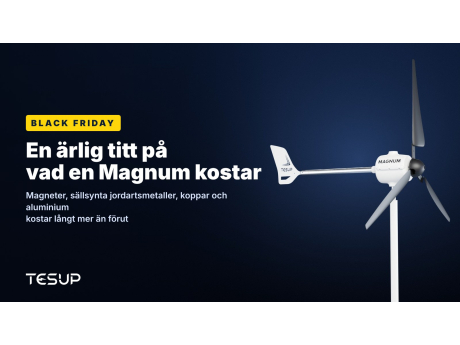 Vit TESUP Magnum-vindturbin mot en mörk bakgrund, med rubriken: Black Friday, en ärlig titt på vad en Magnum kostar