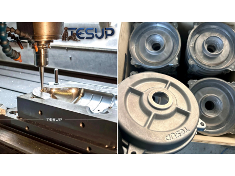 A CNC cutter machining a steel mould beside a box of fresh cast aluminium covers with TESUP cast into the metal