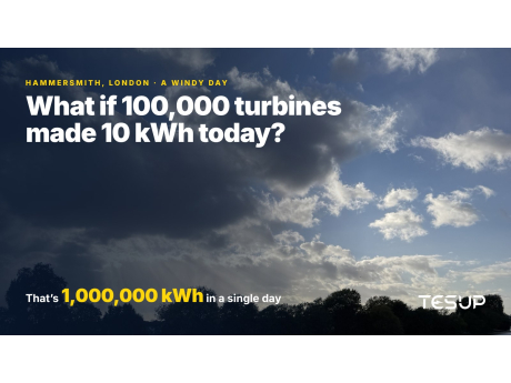 Sun rays breaking through clouds over the Thames at Hammersmith with the headline: what if 100,000 turbines made 10 kWh today