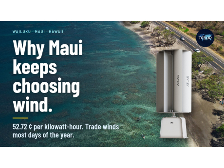A TESUP Atlas vertical wind turbine standing above the turquoise reef coast of Maui, Hawaii