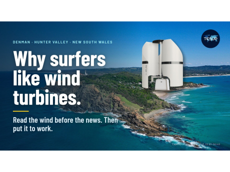 A TESUP Atlas vertical wind turbine with the Low-Wind blade set on the green headland at Cape Byron, New South Wales