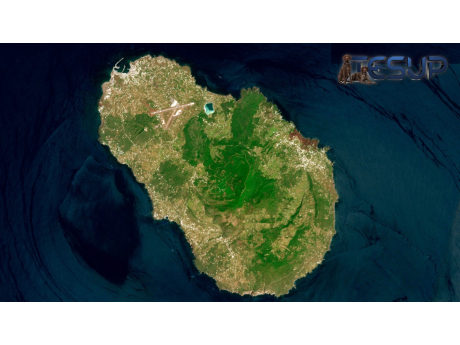 Satellite view of the volcanic island of Pantelleria in the deep blue Strait of Sicily