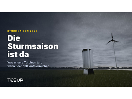 TESUP-Windturbinen Atlas und Magnum auf einer Wiese unter dunklen Sturmwolken und Regen, mit der Überschrift: Die Sturmsaison ist da