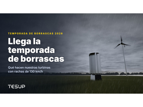 Turbinas eólicas TESUP Atlas y Magnum en un prado bajo oscuras nubes de tormenta y lluvia, con el titular: llega la temporada de borrascas