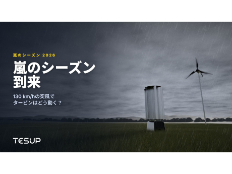 暗い嵐雲と雨の下、草原に立つTESUP AtlasとMagnumの風力タービン。見出し：嵐のシーズン到来