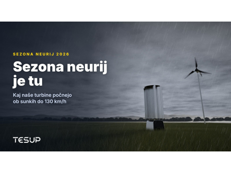 Vetrni turbini TESUP Atlas in Magnum na travniku pod temnimi nevihtnimi oblaki in v dežju, z naslovom: sezona neurij je tu