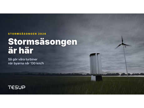 TESUP:s vindkraftverk Atlas och Magnum på en gräsmark under mörka stormmoln och regn, med rubriken: stormsäsongen är här