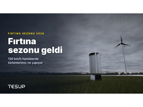 Koyu fırtına bulutları ve yağmur altında çimenlik bir alanda TESUP Atlas ve Magnum rüzgâr türbinleri, başlıkta: fırtına sezonu geldi