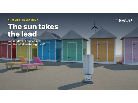 Colourful beach huts with TESUP flexible solar panels on their roofs, an Atlas wind turbine on the sand and a Magnum turbine by the sea, with the headline: summer is coming