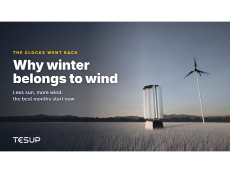 TESUP Atlas and Magnum wind turbines in a frosty field at sunset, with the headline: why winter belongs to wind