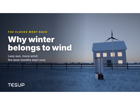 TESUP Atlas and Magnum wind turbines in a snowy garden at dusk beside a house with lit windows, with the headline: why winter belongs to wind