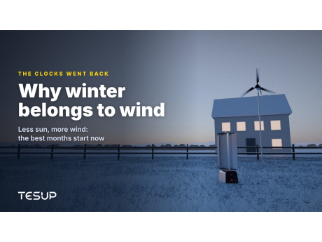 TESUP Atlas and Magnum wind turbines in a snowy garden at dusk beside a house with lit windows, with the headline: why winter belongs to wind