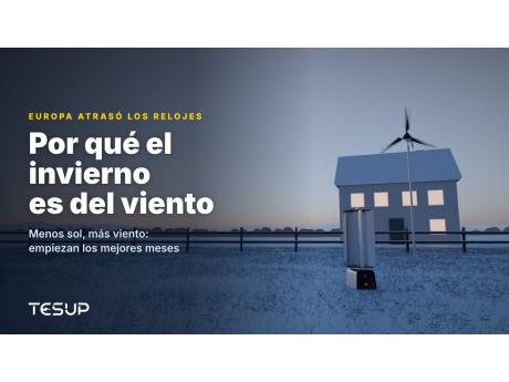 Turbinas eólicas TESUP Atlas y Magnum en un jardín nevado al anochecer junto a una casa con las ventanas iluminadas, con el titular: por qué el invierno es del viento
