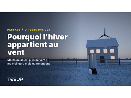 Éoliennes TESUP Atlas et Magnum dans un jardin enneigé au crépuscule, à côté d'une maison aux fenêtres éclairées, avec le titre : pourquoi l'hiver appartient au vent
