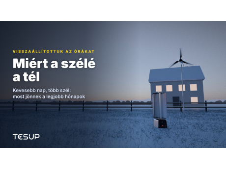 TESUP Atlas és Magnum szélturbinák havas kertben alkonyatkor, egy kivilágított ablakú ház mellett, a következő címmel: miért a szélé a tél