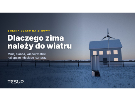 Turbiny wiatrowe TESUP Atlas i Magnum w zaśnieżonym ogrodzie o zmierzchu obok domu z oświetlonymi oknami, z nagłówkiem: dlaczego zima należy do wiatru