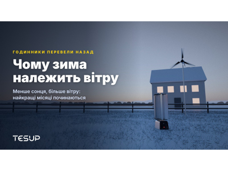 Вітрові турбіни TESUP Atlas і Magnum у засніженому саду в сутінках біля будинку з освітленими вікнами, із заголовком: чому зима належить вітру