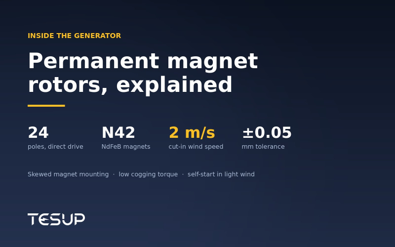 TESUP permanent magnet generator — 24 poles, N42 magnets, 2 m/s cut-in