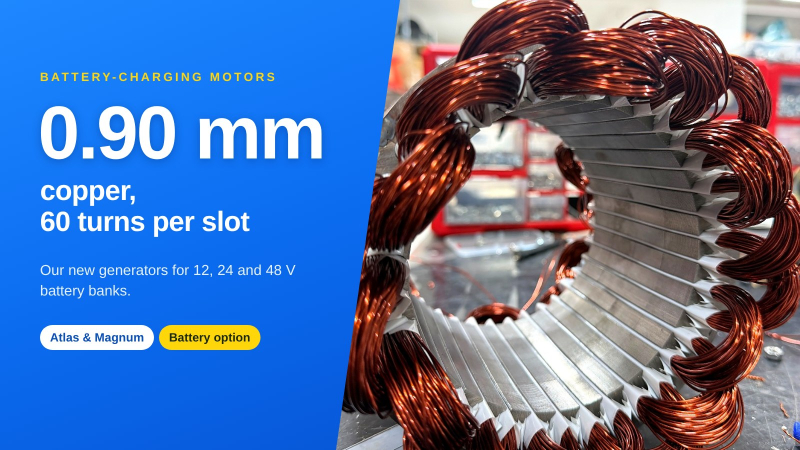 A TESUP stator wound with thick 0.90 mm copper wire, beside the title 0.90 mm copper, 60 turns per slot