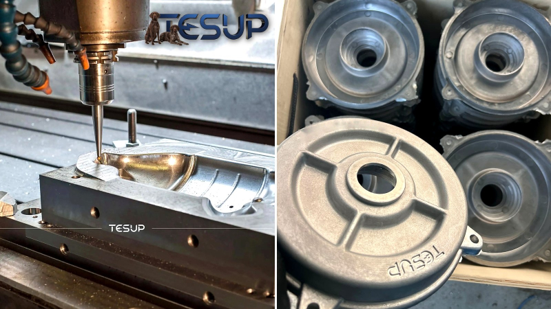 A CNC cutter machining a steel mould beside a box of fresh cast aluminium covers with TESUP cast into the metal