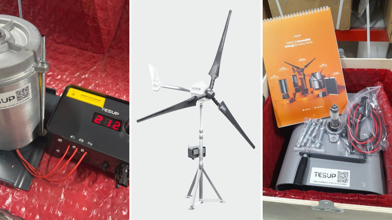 En TESUP permanentmagnetmotor/generator på testbænken, forbundet til en TESUP laderegulator, en TESUP Magnum vindmølle og en Atlas-krop i sin kasse
