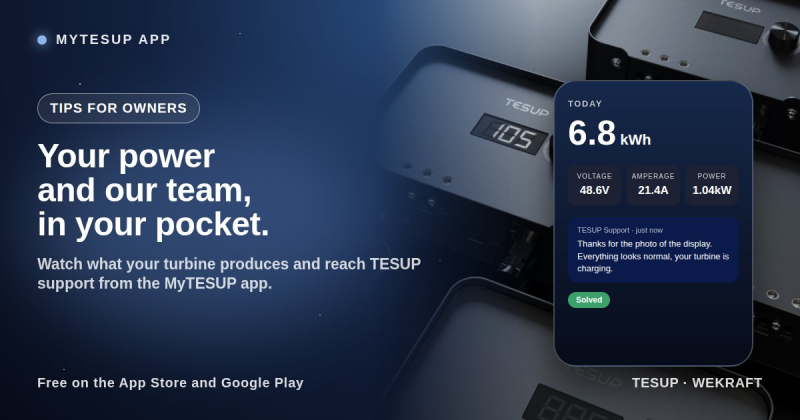 The MyTESUP app showing turbine power and a support reply, next to a TESUP charge controller