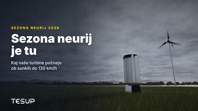 Vetrni turbini TESUP Atlas in Magnum na travniku pod temnimi nevihtnimi oblaki in v dežju, z naslovom: sezona neurij je tu