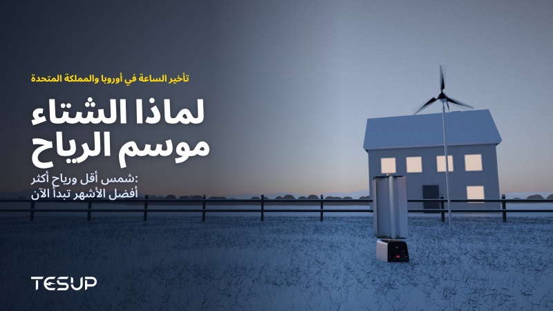 توربينتا الرياح Atlas وMagnum من TESUP في حديقة مغطاة بالثلج عند الغسق بجوار منزل نوافذه مضاءة، مع العنوان: لماذا الشتاء موسم الرياح