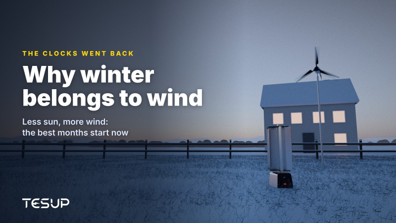 TESUP Atlas and Magnum wind turbines in a snowy garden at dusk beside a house with lit windows, with the headline: why winter belongs to wind