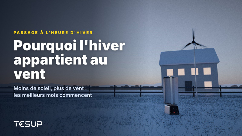 Éoliennes TESUP Atlas et Magnum dans un jardin enneigé au crépuscule, à côté d'une maison aux fenêtres éclairées, avec le titre : pourquoi l'hiver appartient au vent
