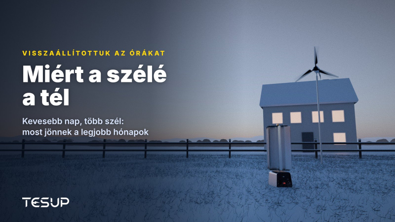 TESUP Atlas és Magnum szélturbinák havas kertben alkonyatkor, egy kivilágított ablakú ház mellett, a következő címmel: miért a szélé a tél