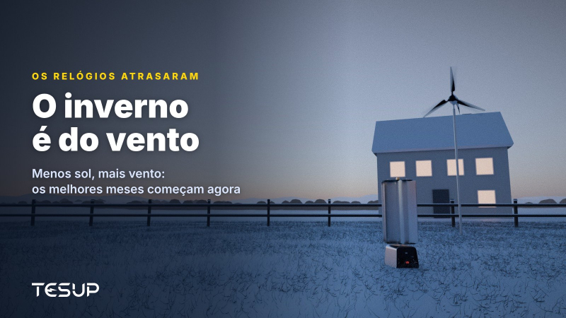 Turbinas eólicas TESUP Atlas e Magnum num jardim com neve ao anoitecer, junto a uma casa com as janelas iluminadas, com o título: porque é que o inverno é a estação do vento