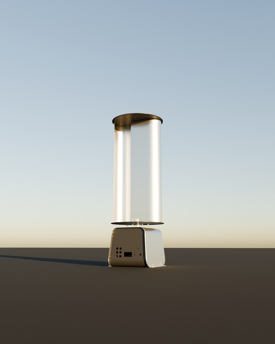 3D render of the TESUP Atlas vertical wind turbine with the moderate blade set in evening light
