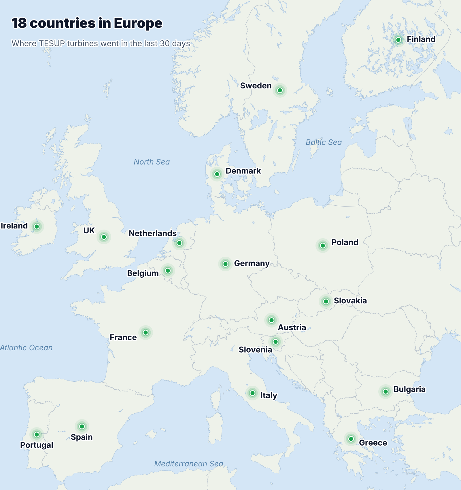 Map of Europe with points in the 18 countries TESUP turbines went to