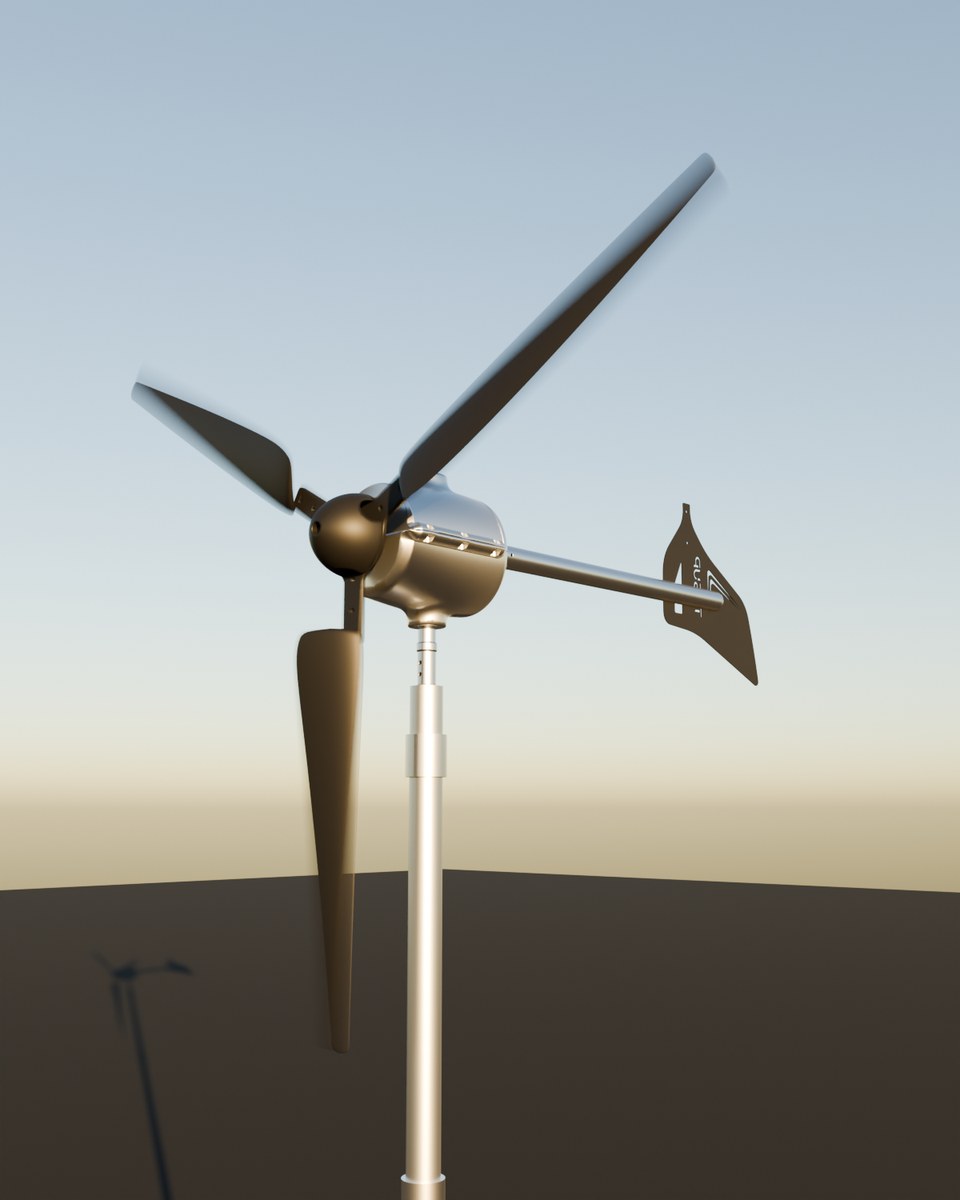 3D render of the TESUP Magnum horizontal wind turbine on its pole in golden evening light