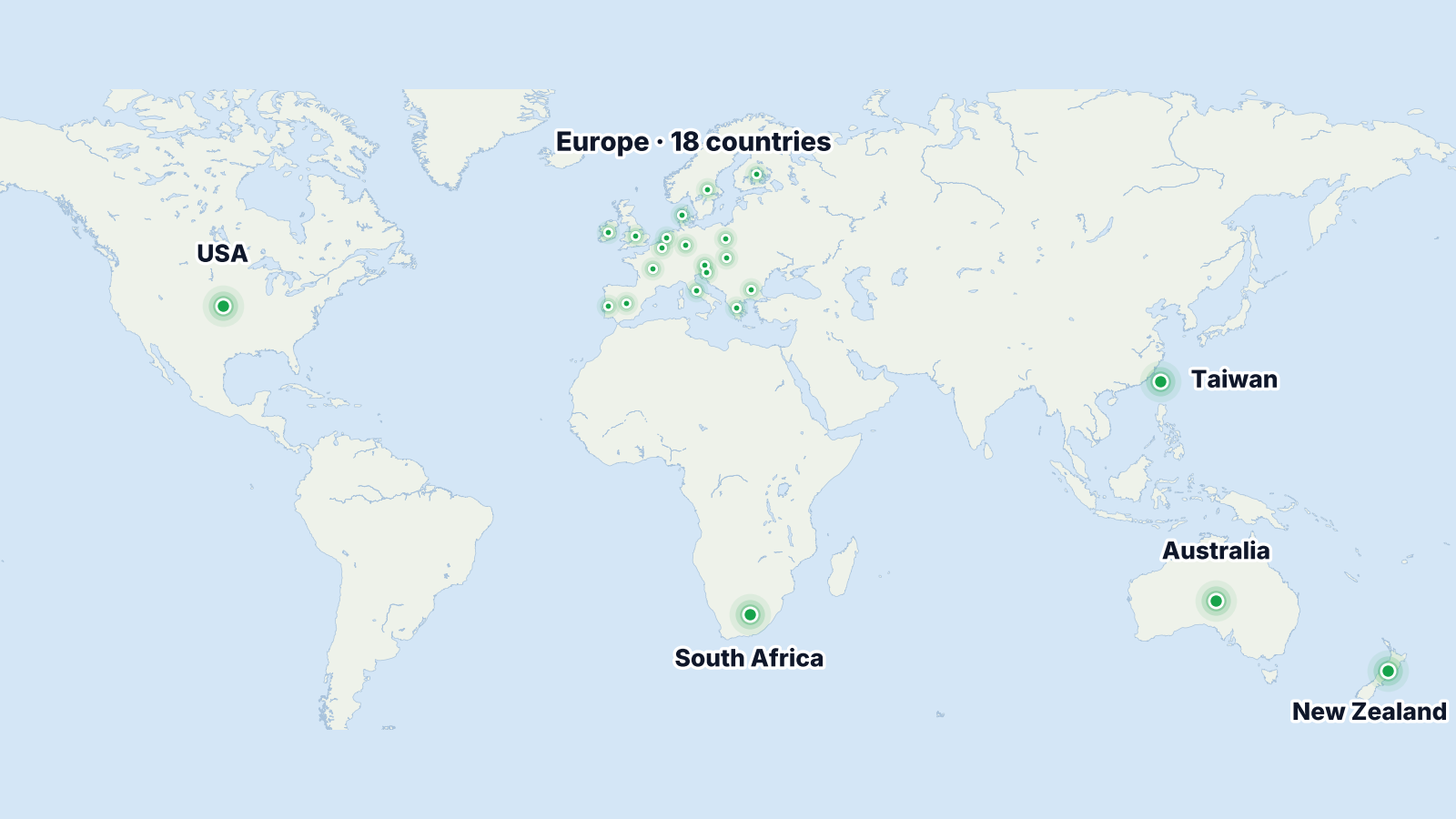 World map with points in Europe, the USA, South Africa, Australia, New Zealand and Taiwan