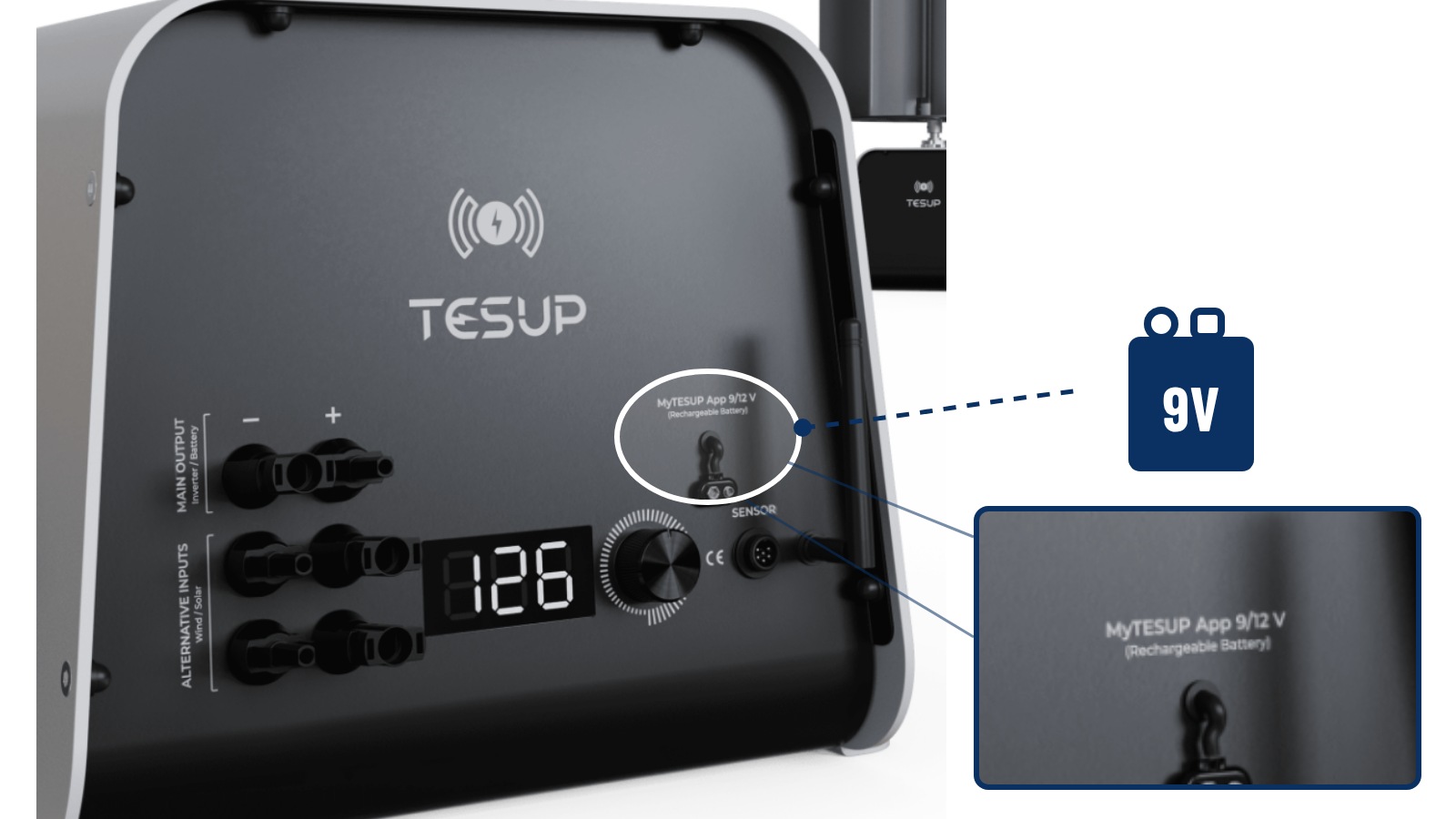 Задня панель TESUP Atlas із обведеним роз'ємом, позначеним MyTESUP App 9/12 V (Rechargeable Battery), поряд — батарея на дев'ять вольтів