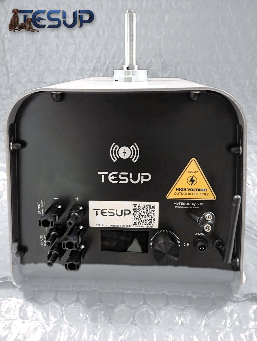 The front panel of the Atlas generator with its connectors, display, dial, sensor socket, antenna, serial-number label and high-voltage sign