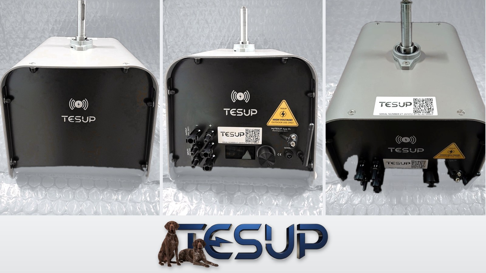 Three views of the TESUP Atlas generator, back, front and from above, above the TESUP logo with two dogs