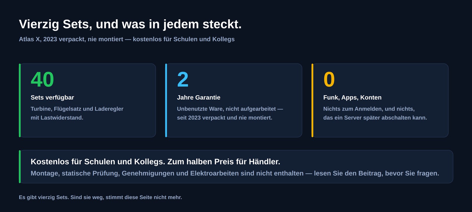 Vierzig Sets verfügbar, zwei Jahre Garantie und null Funkmodule, Apps oder Konten &mdash; kostenlos für Schulen und Kollegs, zum halben Preis für Händler
