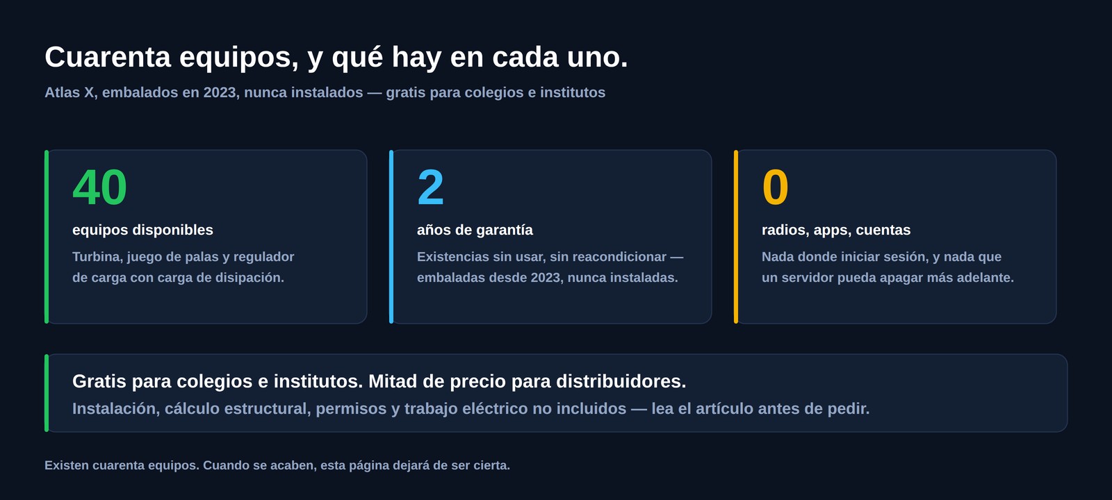 Cuarenta equipos disponibles, dos años de garantía y cero radios, aplicaciones o cuentas &mdash; gratis para colegios e institutos, mitad de precio para distribuidores