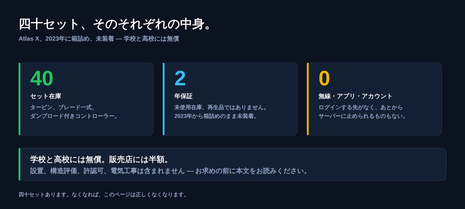 四十セット在庫、二年保証、そして無線・アプリ・アカウントはゼロ &mdash; 学校と高校には無償、販売店には半額