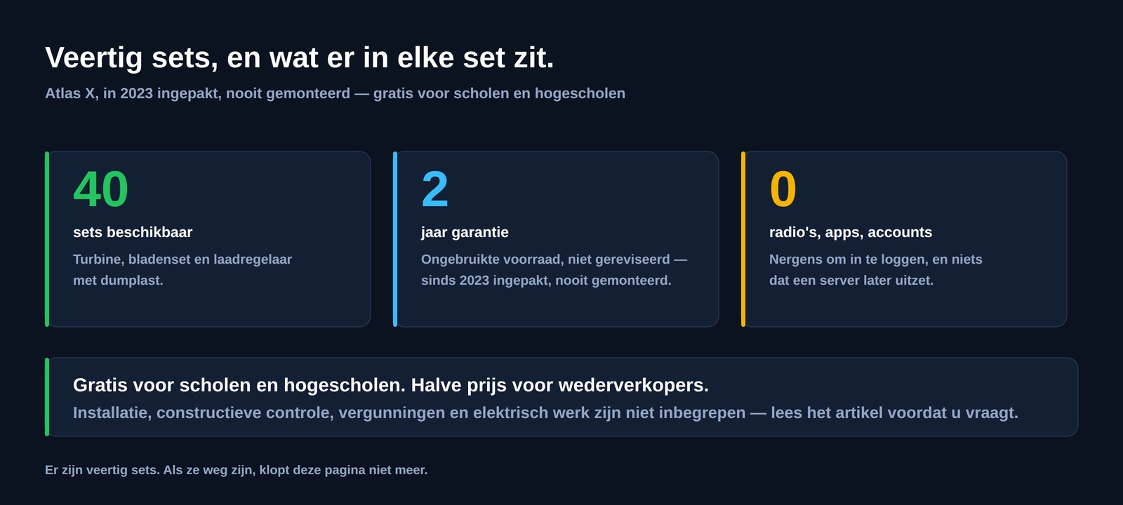 Veertig sets beschikbaar, twee jaar garantie en nul radio&rsquo;s, apps of accounts &mdash; gratis voor scholen en hogescholen, halve prijs voor wederverkopers